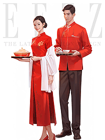 傳統(tǒng)餐飲中式酒店大紅色服裝套裝服務(wù)員秋冬裝手繪圖