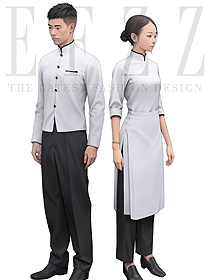 酒店餐飲高檔白色套裝款工作服七分袖秋冬裝手繪圖