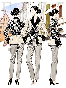 中式印花拼色高級(jí)女西裝外套手繪設(shè)計(jì)圖