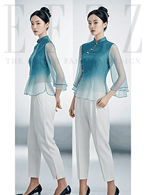 新款紗袖青綠色中式立領(lǐng)水療技師服裝