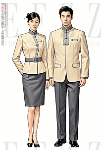 酒店餐飲服務(wù)員工作服中國風米色套裝刺繡款