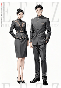 中式文化時(shí)尚修身酒店前臺接待工作服手繪定制