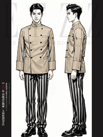 酒店餐飲米色長袖廚師工作服服裝手繪案例