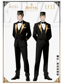 酒店黑金系列門童行李生制服定制手繪設(shè)計圖
