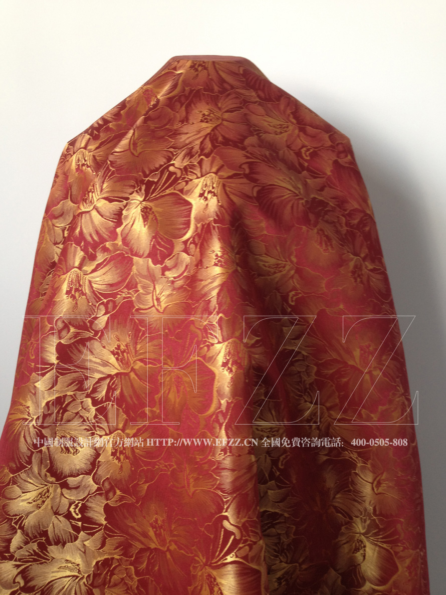 紅底金色百合花紋提花布面料