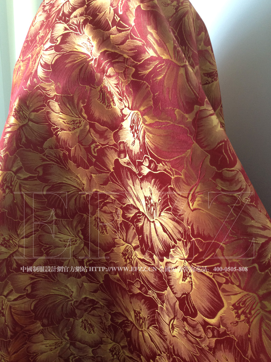 紅底金色百合花紋提花布面料
